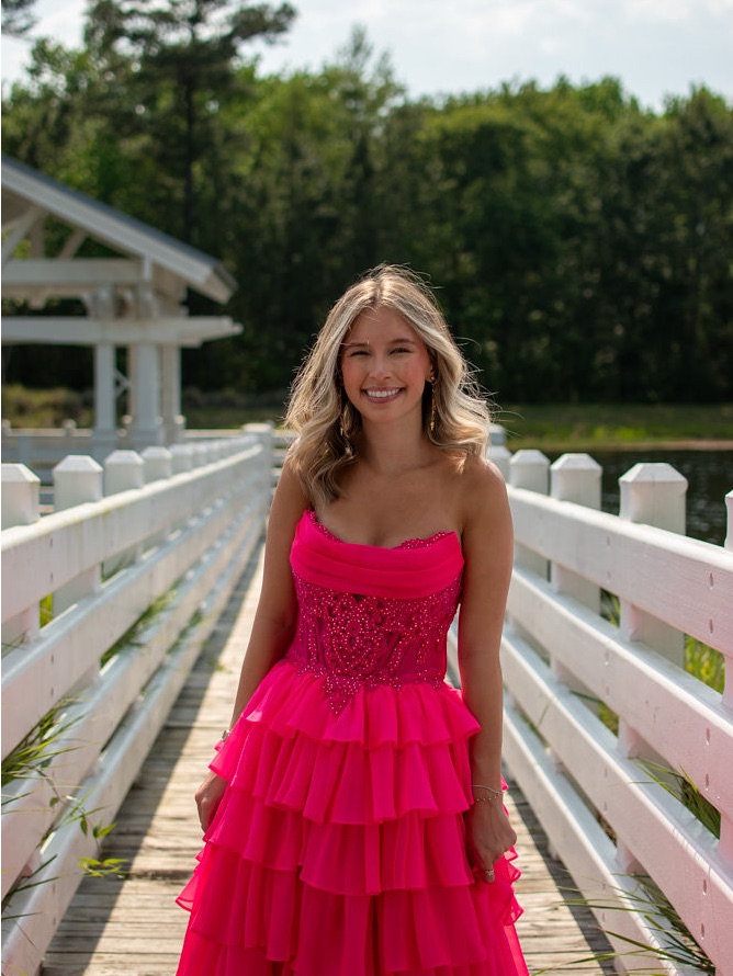 Sherri Hill Hot Pink Strapless Tiered Prom Dress